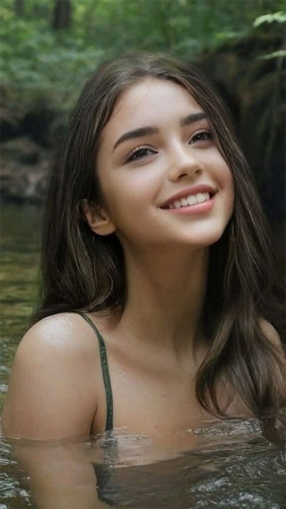 This may contain: a woman in the water with long brown hair and green tank top smiling at the camera